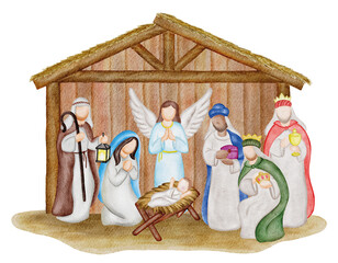 Christmas nativity scene with Baby Jesus, Virgin Mary, Joseph and the Three Wise Men. Biblical...