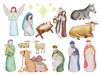 Christmas nativity scene with Baby Jesus, Virgin Mary, Joseph and animals. Biblical scene for...