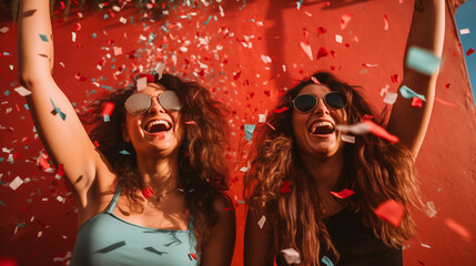 Happy Friends Celebrating with Colorful Confetti