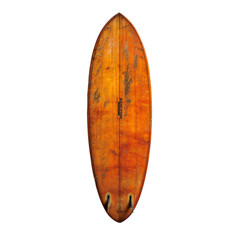 Vintage rustic surfboard with orange tones and distressed texture, perfect for beach and surf-themed projects or interior decor.