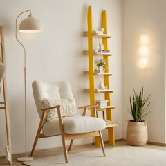 A cozy modern interior design with a unique yellow ladder shelf, comfortable chair, and warm lighting for a homely atmosphere. Modern living concept. Scandinavian style.