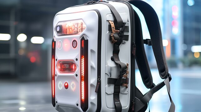  A backpack featuring a red light.