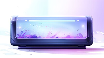 A computer on a purple background with a purple light illuminating it.

