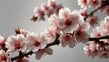 Generative AI Pink flowers branch against gray background, adding a pop of color to the neutral setting.