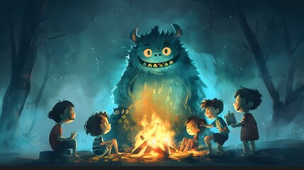 Children Gathered Around Campfire Listening to Whimsical Monster's Tales