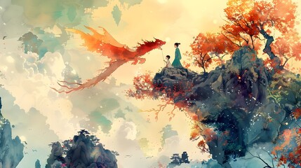 Children Riding Gentle Creature Above Vibrant Watercolor Landscape