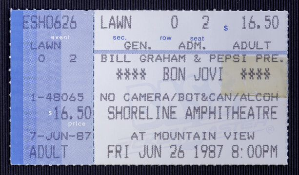 Mountain View, California - June 26, 1987 - Old used ticket for the concert of Bon Jovi at Shoreline Amphitheatre