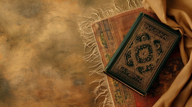 Ancient religious book Arabic Quran Surah Hadith clothes brown background copy space