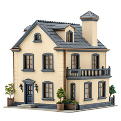 Charming two-story house with a classic design, featuring a balcony, french windows, and lush greenery, ideal for residential purposes.