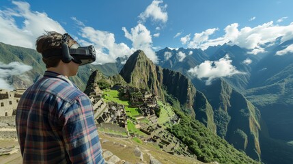 Man fully absorbed in a VR game, exploring the historical ruins of Machu Picchu, with the ancient Incan city vividly displayed in the virtual background.