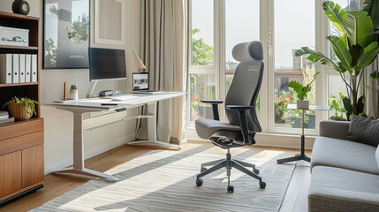 A well-designed, ergonomic home office setup with modern furniture and tech gadgets, promoting productivity and comfort in remote work. 