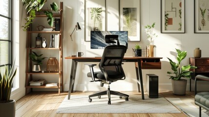 A well-designed, ergonomic home office setup with modern furniture and tech gadgets, promoting productivity and comfort in remote work. 