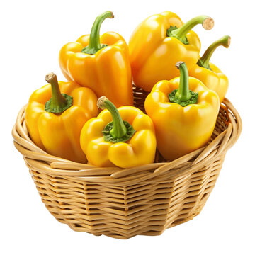 Yellow capsicums in a basket isolated on transparent background.