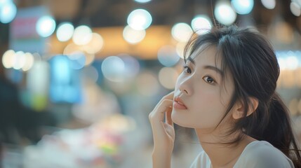 Asian female posed for photoshoot chin rest on hand fair skin young woman in white shirt black long hair blurred background