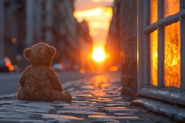 A teddy bear, with a worn-out fur, rests on a cracked sidewalk as the sun sets, casting a warm glow. The bear looks wistfully at the world around, its button eyes reflecting the fading light