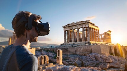 Side profile of a man engaged in a VR experience, surrounded by the digital recreation of the ancient Acropolis of Athens, highlighting the Parthenon.