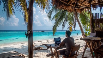 A person working on a laptop from a beachside cabana, emphasizing the flexibility and freedom of remote work in an exotic location. --ar 16:9 --style raw Job ID: 66ef4f9b-ce5d-48ee-b33d-ba8b32c4784e