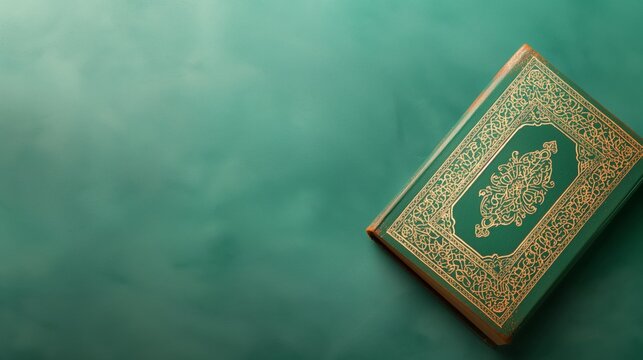 Ancient religious book Arabic Quran Surah Hadith grey background copy space