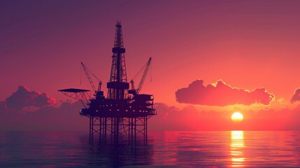 Obraz premium Silhouetted Oil Rig at Sunset with Offshore Drilling Equipment, Energy Extraction Setup, and Ocean Background - Concept of Deepwater Drilling and Rig Maintenance
