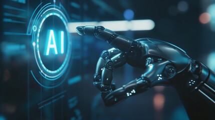 Artificial Intelligence robot hand index finger touch starting initial glowing AI hologram button screen interface programming coding software system