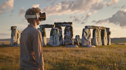 Man in VR headset navigating through a virtual representation of the historical Stonehenge, with realistic stone arrangements and landscape.
