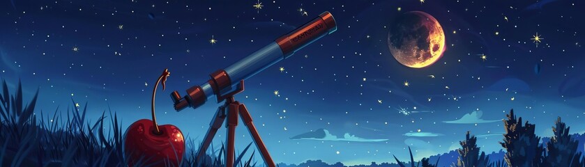 A cherry stargazing with a telescope, Dreamy, Cool tones, Digital painting, Clear night sky
