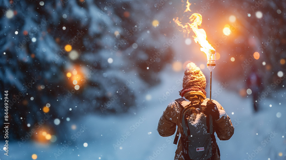Wall mural a lone hiker illuminates the snowy forest path with a burning torch, blending adventure with winter'