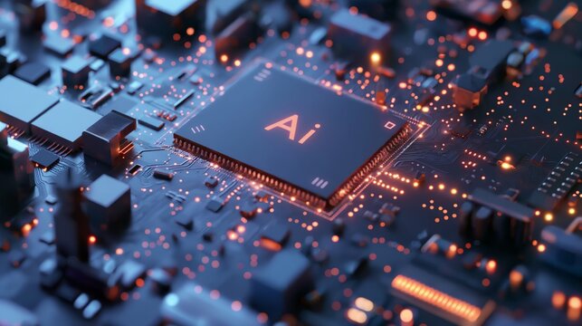 Artificial Intelligence Circuit board CPU graphic card chip wafer semiconductor silicon AI high tech advanced technology computer motherboard red glowing electrocircuit close up shot