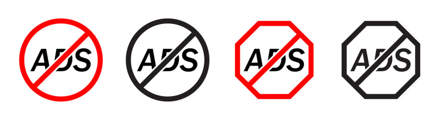 No ads. Ads blocker icon set with different color. Ad blocker symbol. Skip ads, free, advertisement, use for apps, red, black and blue crossed circle.