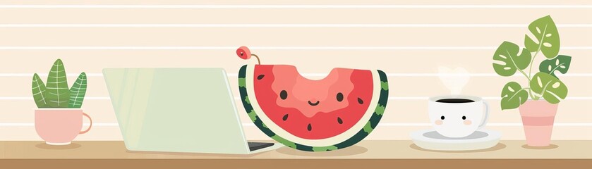 A watermelon slice sitting at a desk with a laptop and coffee, Cute, Soft tones, Illustration, Busy workday