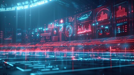 Fototapeta premium high-tech olympic main stardium with holographic digital analytical data on virtual screen, concept of technology application in sports