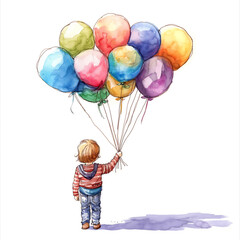 A child holding a colorful balloon bouquet at a festive celebration outdoors, ink watercolor illustration isolated on a white background 