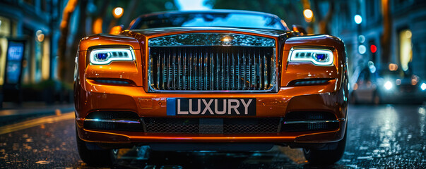 Close-up of a high-end car grille with LUXURY license plate, showcasing opulence, elegance, and the lavish lifestyle associated with premium automobiles