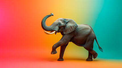 Obraz premium A joyful elephant dancing on a bright gradient background, ideal for lively designs 