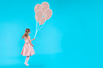 Young Girl in Pink Dress Holding Balloons Against Blue Background