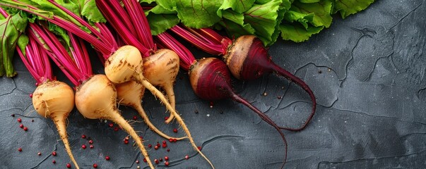 Winter root vegetables including beets and turnips, fresh and earthy seasonal produce, copy space for text.
