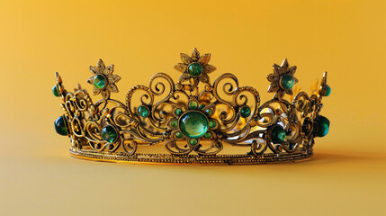 A vintage crown adorned with emeralds and gold filigree on a solid yellow background.