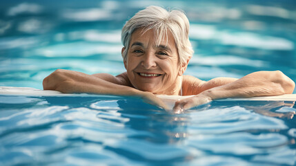 Fototapeta premium Happy senior woman enjoying relaxation in swimming pool, leaning on the edge. Wellness and leisure concept for active elderly lifestyle