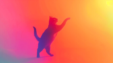 A whimsical cat dancing joyfully on a colorful gradient background, perfect for playful designs 