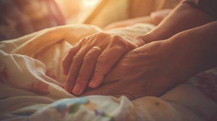 Tender moment of holding grandmother's hand in nursing care, showcasing deep love and support. This heartwarming scene embodies the essence of healthcare, end-of-life care, and palliative concepts