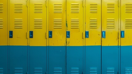 Neatly aligned yellow lockers viewed from the front, set against a bold blue backdrop, highlighting organization and color contrast