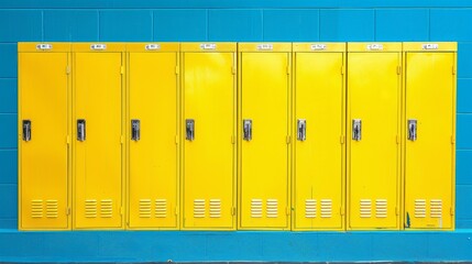 Yellow lockers in an orderly front view, contrasted by a bright blue background, showcasing clean lines and vibrant colors