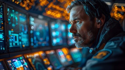 Futuristic Airline Command Center Monitoring Real-time Flight Data