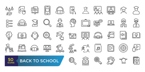 Back to school line icons set. related to education, learning, school. Collection and pack of linear web and ui icons. Editable stroke. Vector illustration