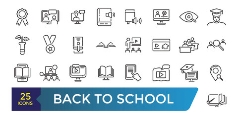 Back to school line icons set. related to education, learning, school. Collection and pack of linear web and ui icons. Editable stroke. Vector illustration