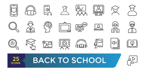 Back to school line icons set. related to education, learning, school. Collection and pack of linear web and ui icons. Editable stroke. Vector illustration
