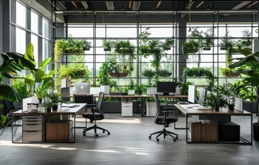 A modern open office space with large windows, white desks and black chairs surrounded by wooden planters filled with green plants.
