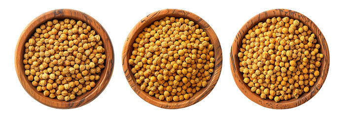 Fototapeta premium Coriander seeds, filling three wooden bowls, varying in size and hue.