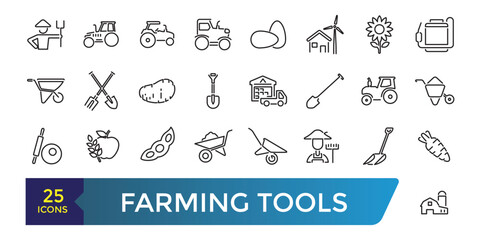 Farming Tools Line Icons Set.  Collection and pack of linear web and ui icons. Vector illustration