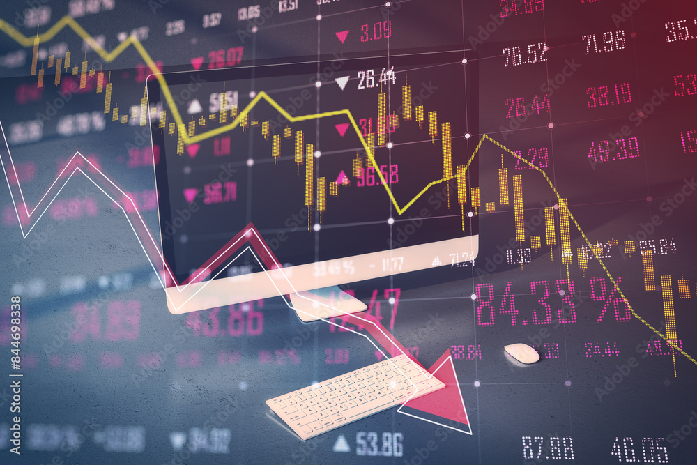 Poster Close up of office workplace with computer and glowing falling forex chart and index grid on blurry background. Crisis and financial recession concept. Double exposure.